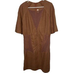 Vtg Linen Blend V-Neck Fitted Midi Dress with Mesh Panels France Clay Brown L